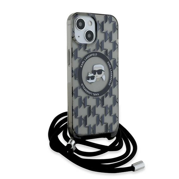 MagSafe-kotelo Apple iPhone 15:lle, Karl Lagerfeld, IML Crossbody Monogram Karl & Choupette's Heads, Musta