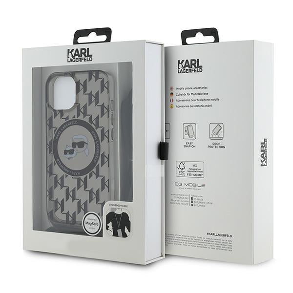 MagSafe-kotelo Apple iPhone 15:lle, Karl Lagerfeld, IML Crossbody Monogram Karl & Choupette's Heads, Musta