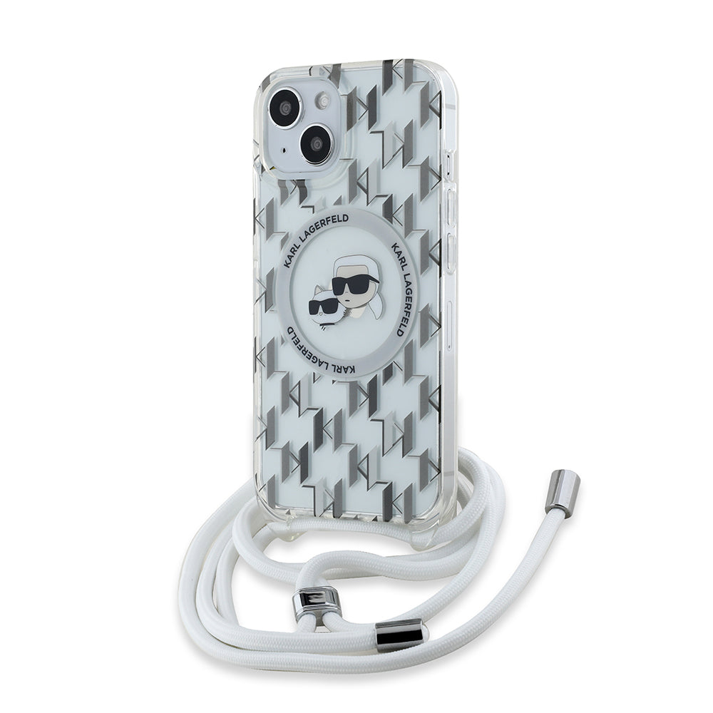 MagSafe-kotelo Apple iPhone 15:lle, Karl Lagerfeld, IML Crossbody Monogram Karl & Choupette's Heads, Läpinäkyvä