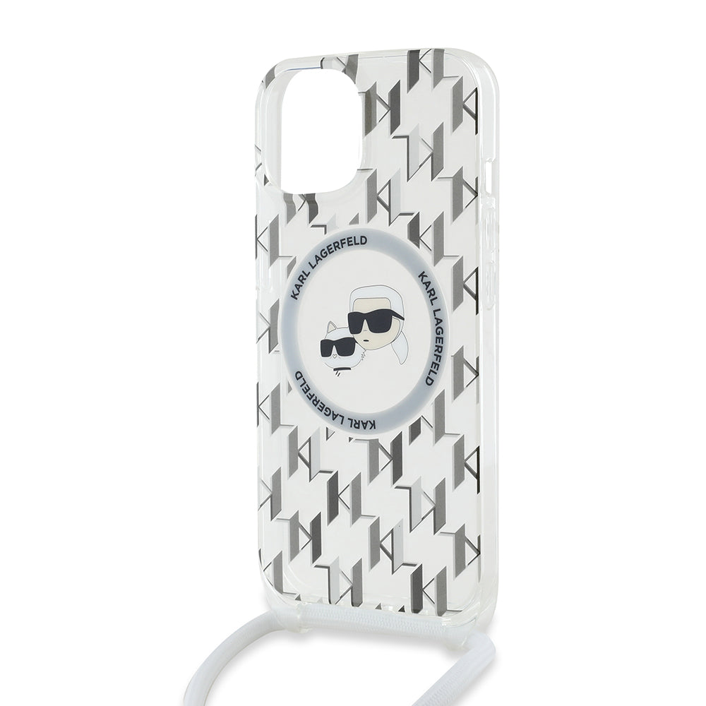 MagSafe-kotelo Apple iPhone 15:lle, Karl Lagerfeld, IML Crossbody Monogram Karl & Choupette's Heads, Läpinäkyvä