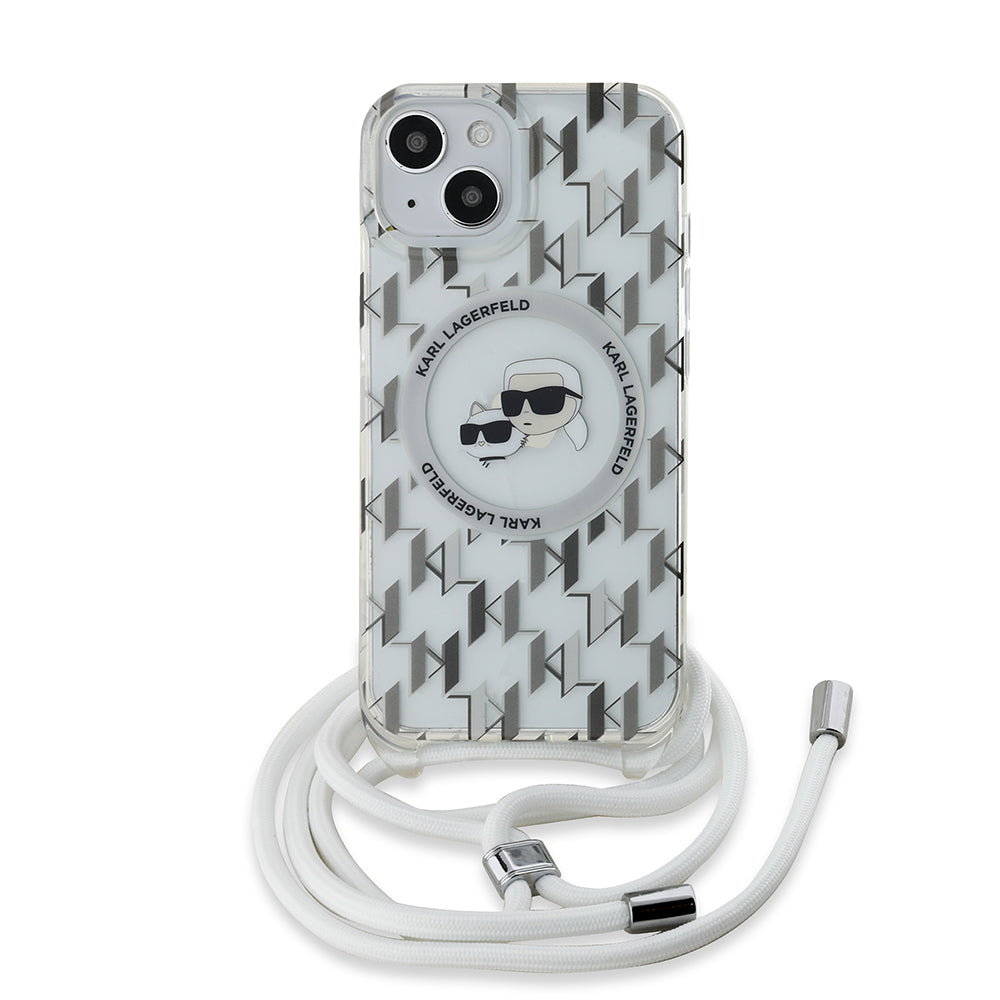 MagSafe-kotelo Apple iPhone 15:lle, Karl Lagerfeld, IML Crossbody Monogram Karl & Choupette's Heads, Läpinäkyvä