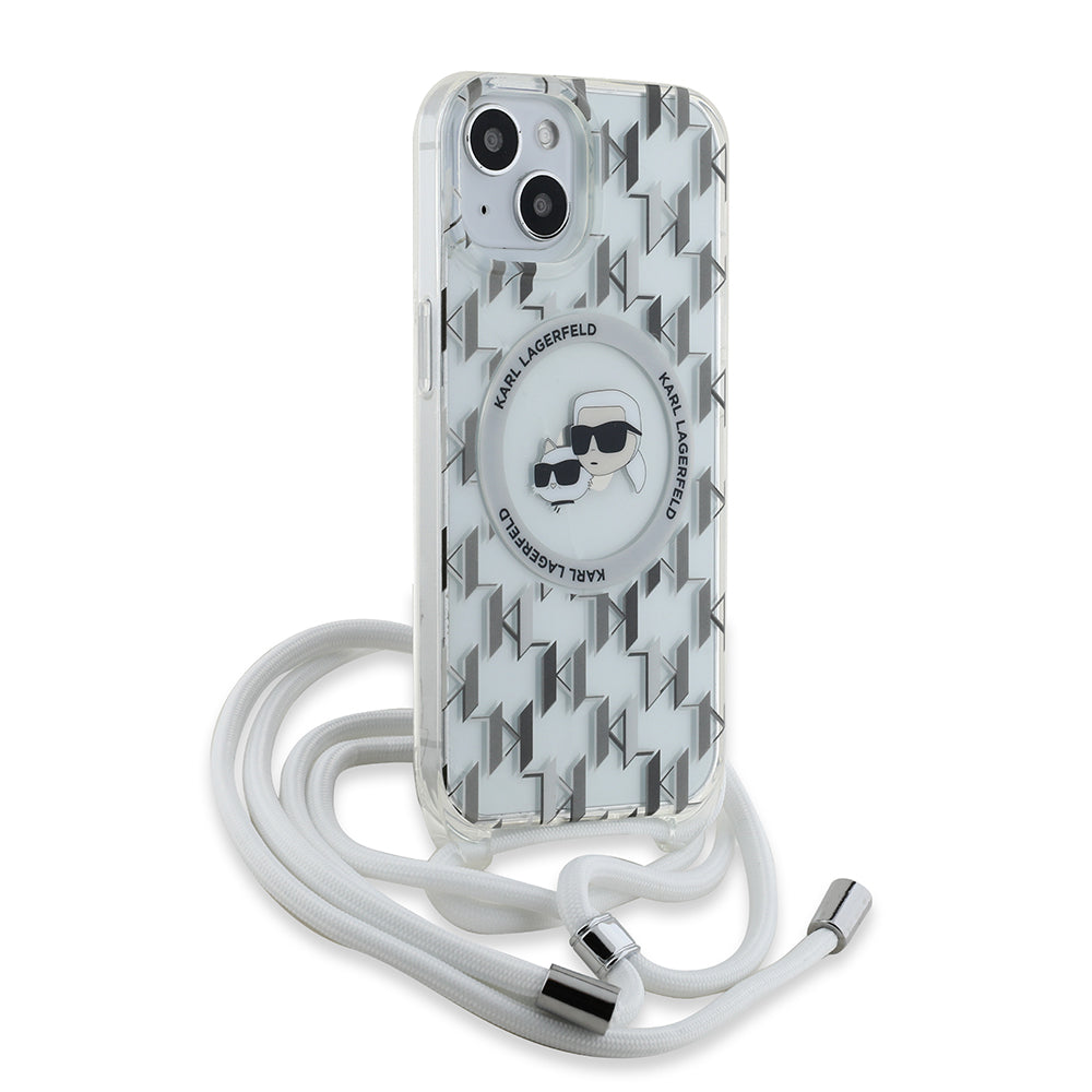 MagSafe-kotelo Apple iPhone 15:lle, Karl Lagerfeld, IML Crossbody Monogram Karl & Choupette's Heads, Läpinäkyvä