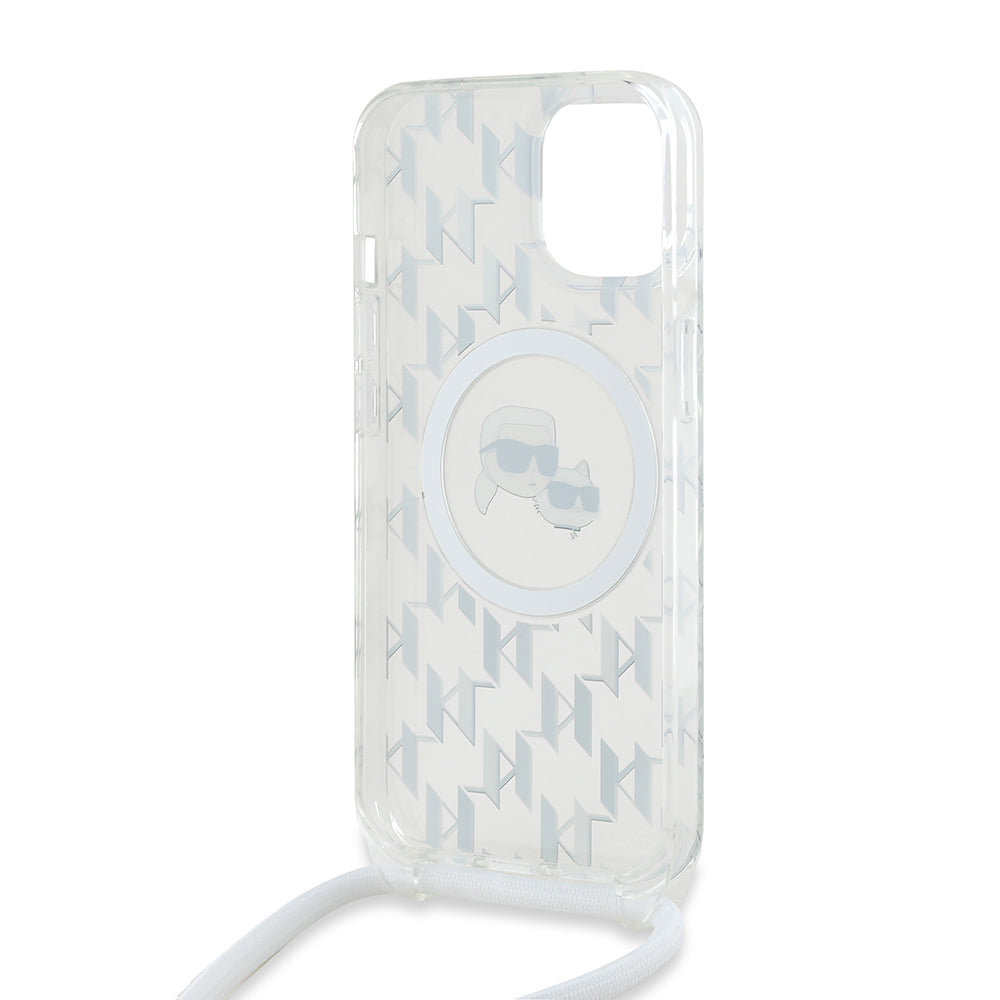 MagSafe-kotelo Apple iPhone 15:lle, Karl Lagerfeld, IML Crossbody Monogram Karl & Choupette's Heads, Läpinäkyvä