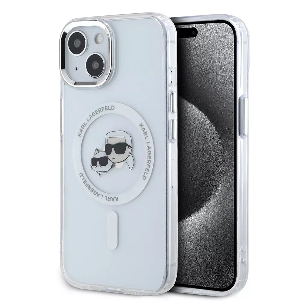 MagSafe-kotelo Apple iPhone 15:lle, Karl Lagerfeld, IML Metal Karl & Choupette's Heads, Valkoinen