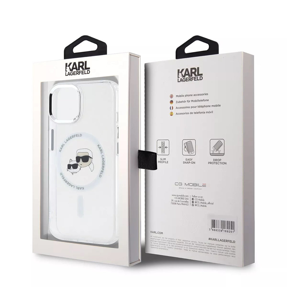 MagSafe-kotelo Apple iPhone 15:lle, Karl Lagerfeld, IML Metal Karl & Choupette's Heads, Valkoinen