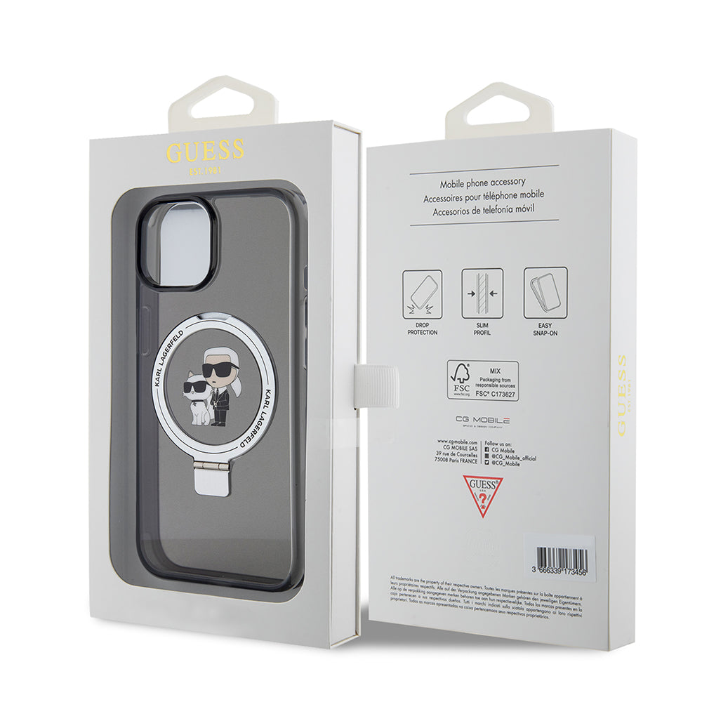 MagSafe-kotelo Apple iPhone 15:lle, Karl Lagerfeld, Ring Stand Karl & Choupette, Musta