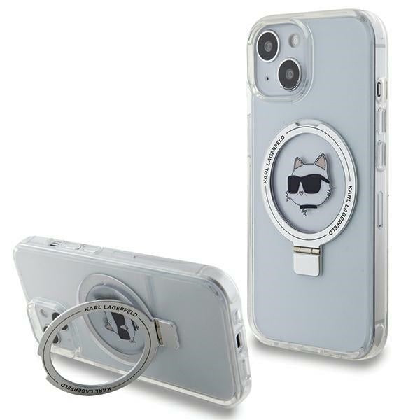 MagSafe Case for Apple iPhone 15 Plus / 14 Plus, Karl Lagerfeld, Ring Stand Choupette's Head, White