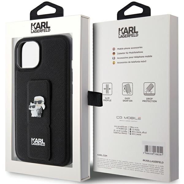 MagSafe Case for Apple iPhone 15 Plus / 14 Plus, Karl Lagerfeld, Saffiano Gripstand Karl & Choupette, Black