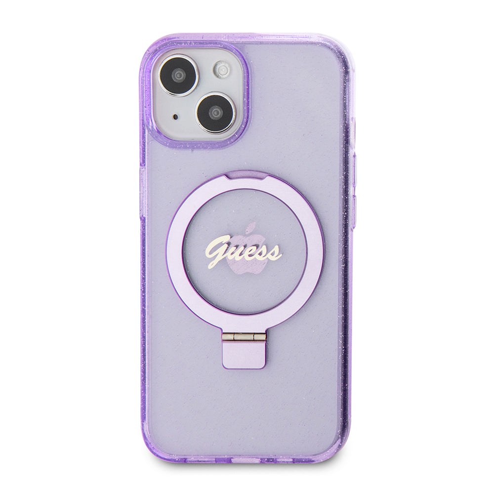 MagSafe-kotelo Apple iPhone 15 Plus -puhelimelle, Guess, Ring Stand Script Glitter, Violetti