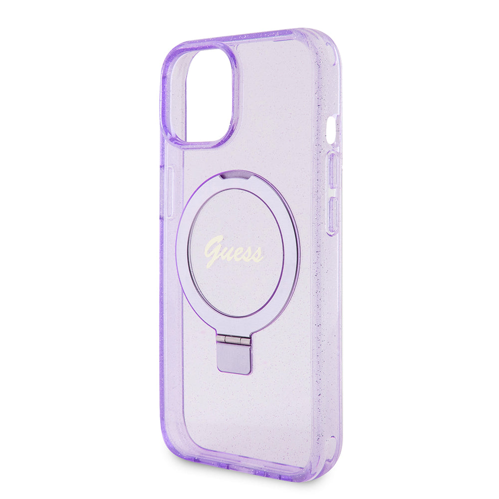 MagSafe-kotelo Apple iPhone 15 Plus -puhelimelle, Guess, Ring Stand Script Glitter, Violetti