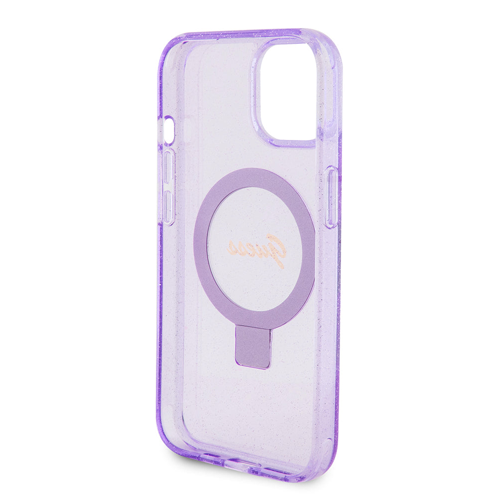 MagSafe-kotelo Apple iPhone 15 Plus -puhelimelle, Guess, Ring Stand Script Glitter, Violetti