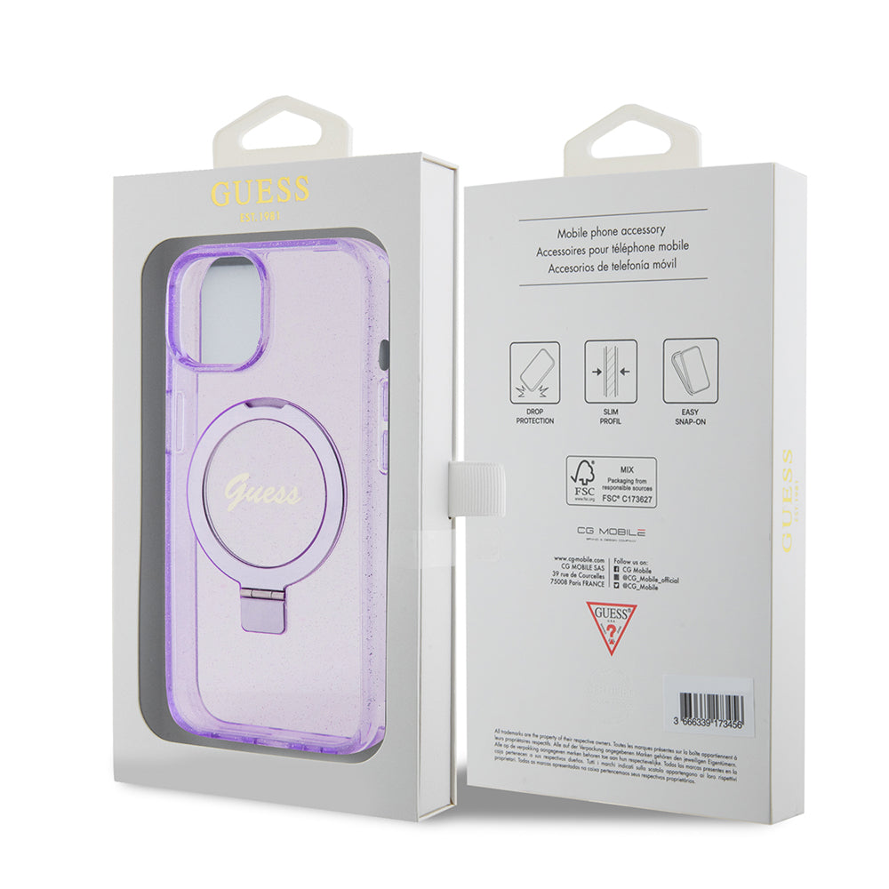 MagSafe-kotelo Apple iPhone 15 Plus -puhelimelle, Guess, Ring Stand Script Glitter, Violetti