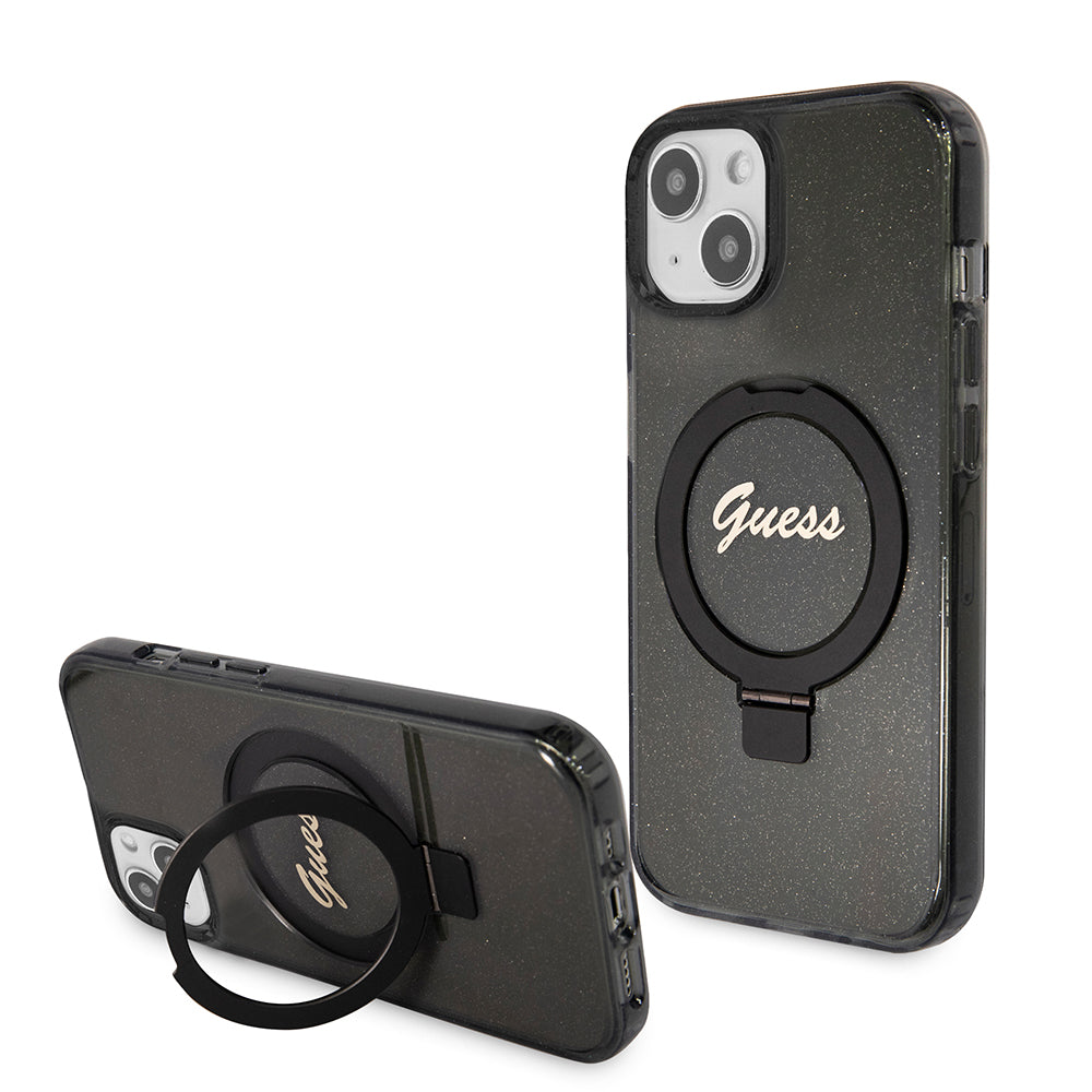 MagSafe-kotelo Apple iPhone 15 Plus -puhelimelle, Guess, Ring Stand Script Glitter, Musta