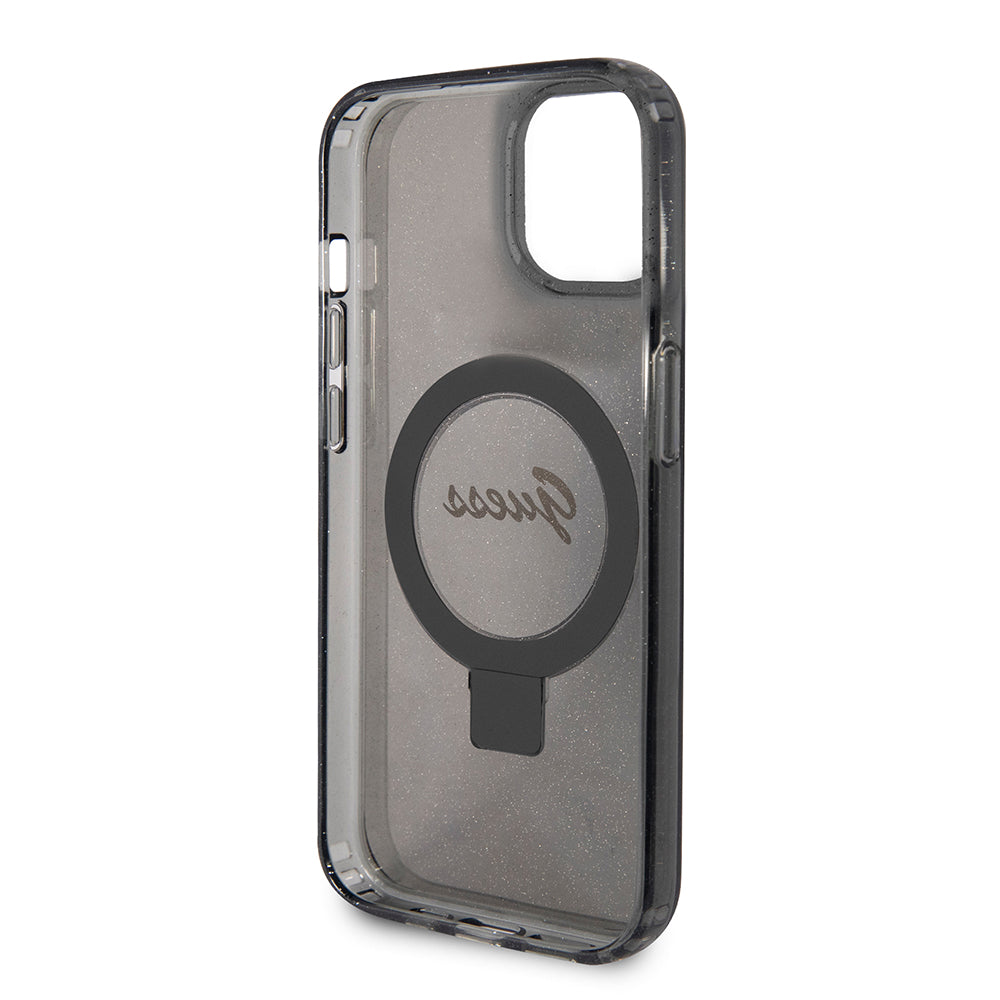 MagSafe-kotelo Apple iPhone 15 Plus -puhelimelle, Guess, Ring Stand Script Glitter, Musta