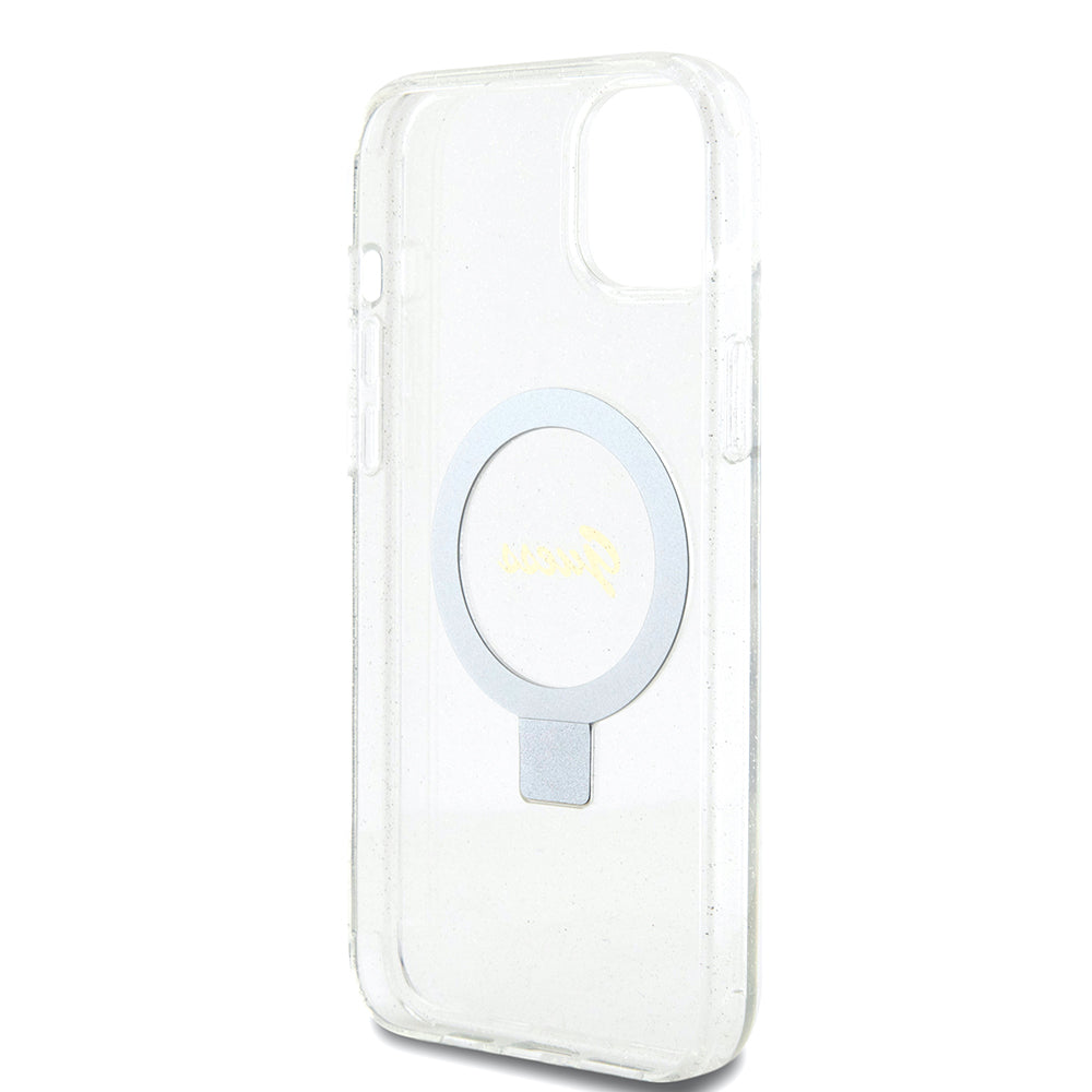 MagSafe Case for Apple iPhone 15 Plus, Guess, Ring Stand Script Glitter, Transparent