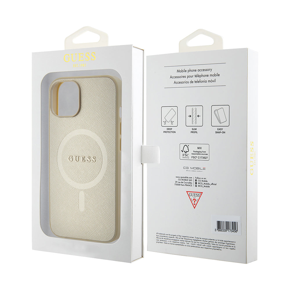 MagSafe-kotelo Apple iPhone 15 Plus -puhelimelle, Guess, Saffiano, Kultainen