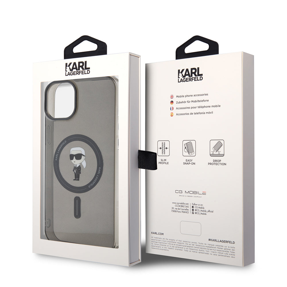MagSafe-kotelo Apple iPhone 15 Plus -puhelimelle, Karl Lagerfeld, IML Ikonik Karl, Musta