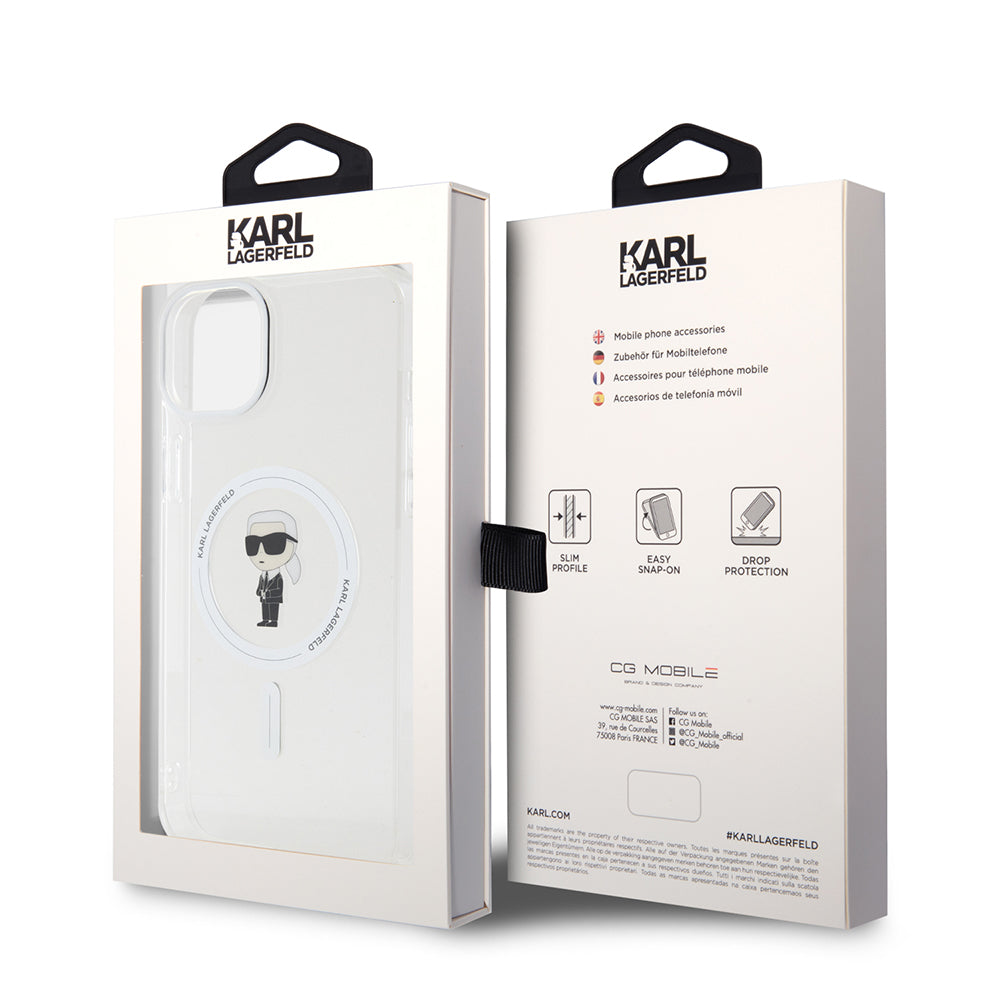 MagSafe-kotelo Apple iPhone 15 Plus -puhelimelle, Karl Lagerfeld, IML Ikonik Karl, Läpinäkyvä