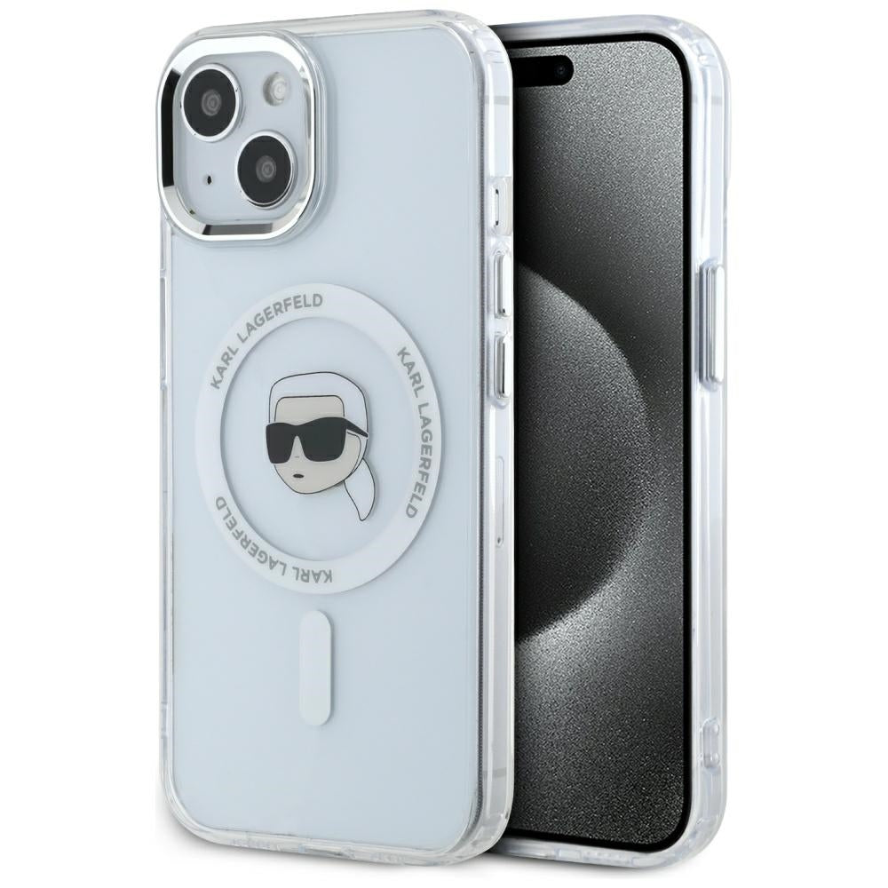 MagSafe-kotelo Apple iPhone 15 Plus -puhelimelle, Karl Lagerfeld, IML Metal Karl's Head, Valkoinen