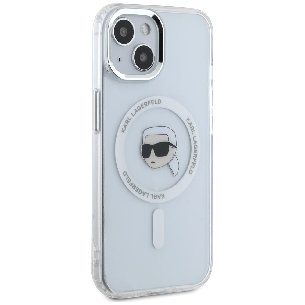 MagSafe-kotelo Apple iPhone 15 Plus -puhelimelle, Karl Lagerfeld, IML Metal Karl's Head, Valkoinen