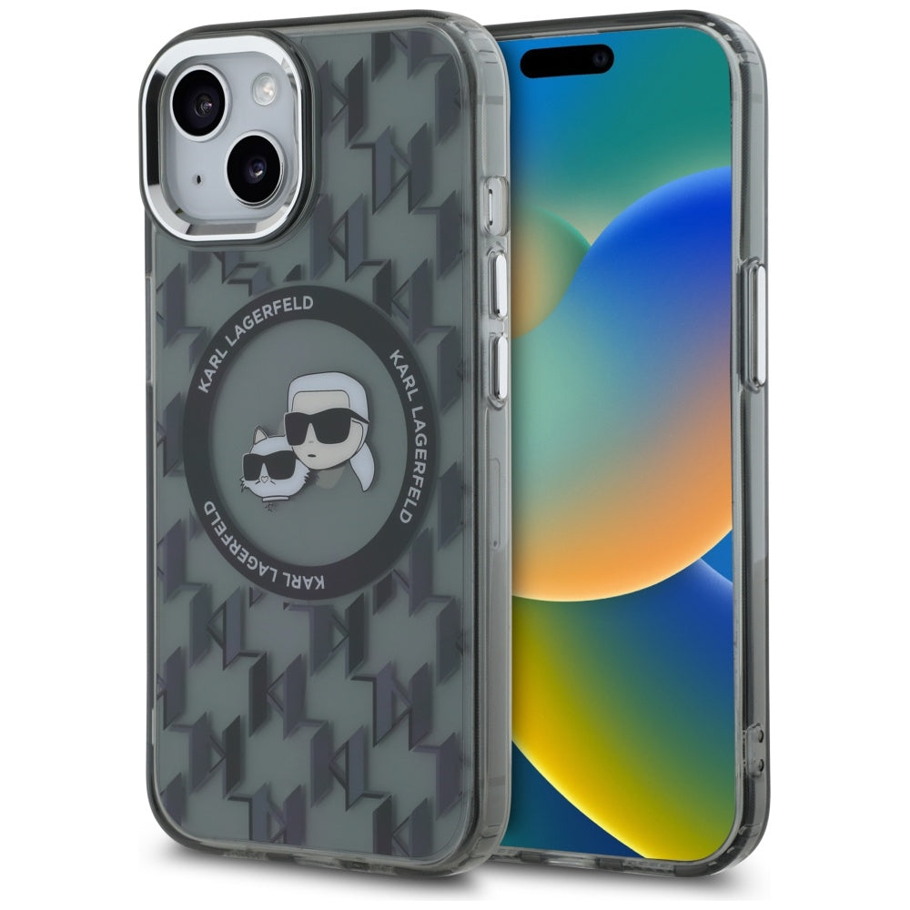 MagSafe-kotelo Apple iPhone 15 Plus -puhelimelle, Karl Lagerfeld, IML Monogram Karl & Choupette's Heads, Musta