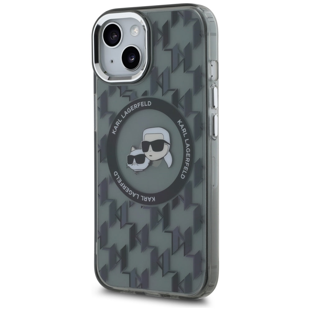 MagSafe-kotelo Apple iPhone 15 Plus -puhelimelle, Karl Lagerfeld, IML Monogram Karl & Choupette's Heads, Musta