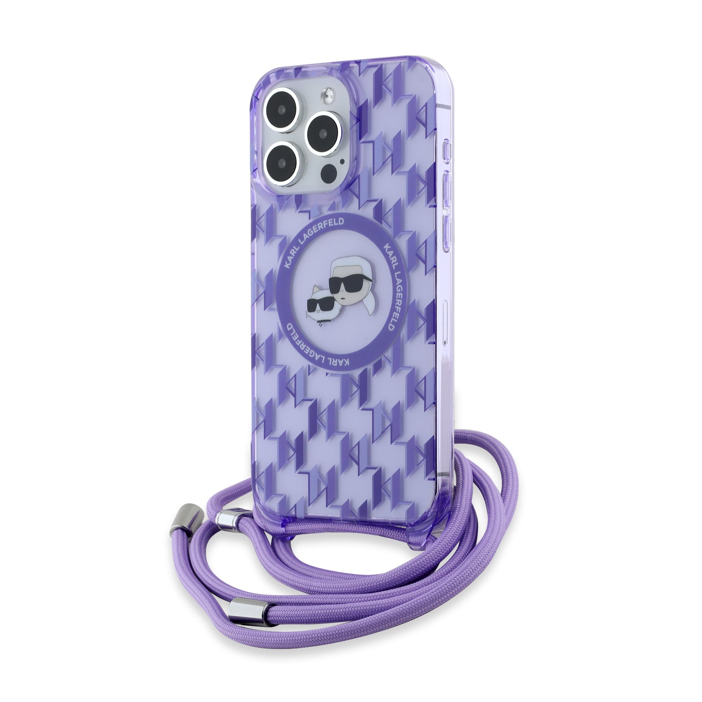 MagSafe-kotelo Apple iPhone 15 Prolle, Karl Lagerfeld, IML Crossbody Monogram Karl & Choupette's Heads, Violetti