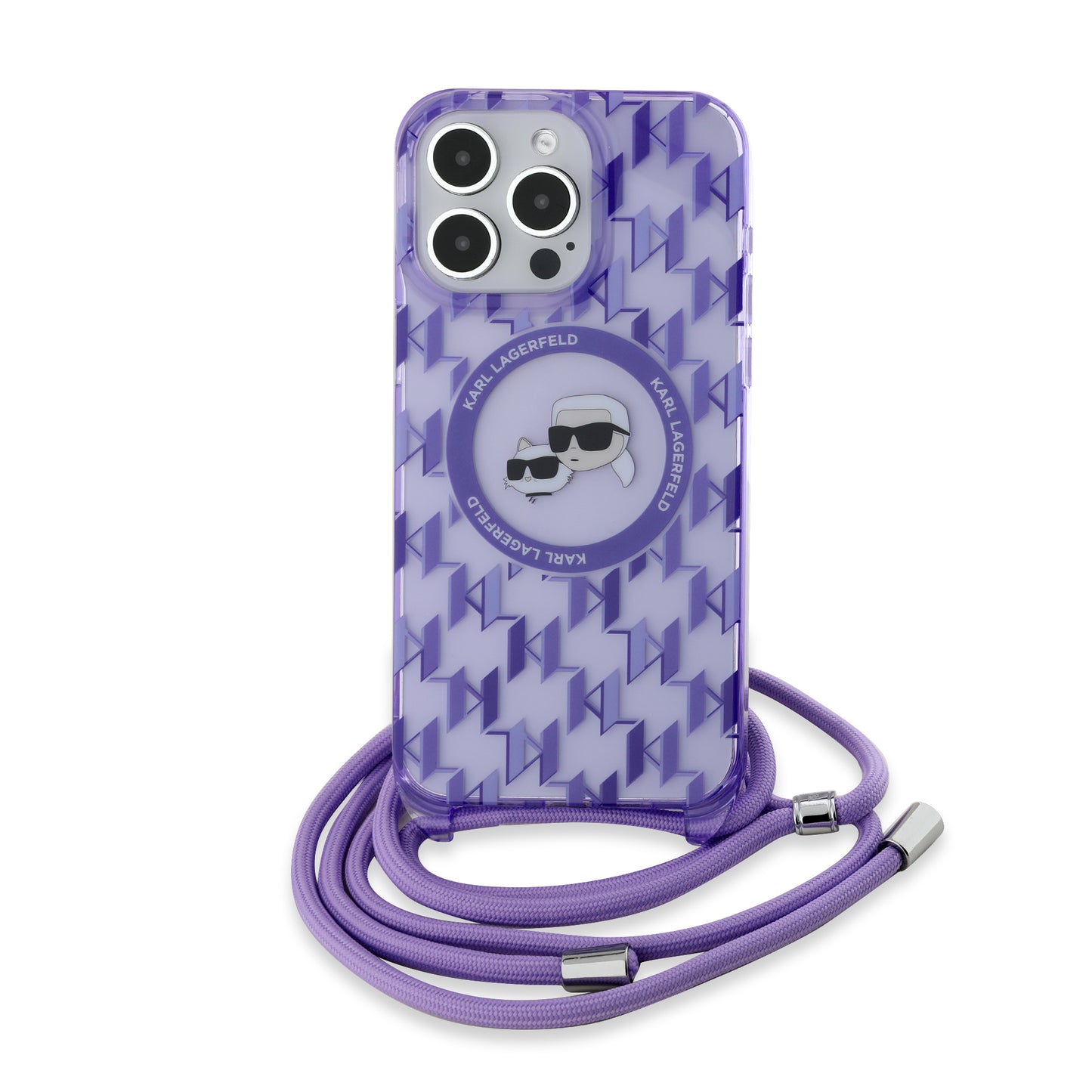 MagSafe-kotelo Apple iPhone 15 Prolle, Karl Lagerfeld, IML Crossbody Monogram Karl & Choupette's Heads, Violetti