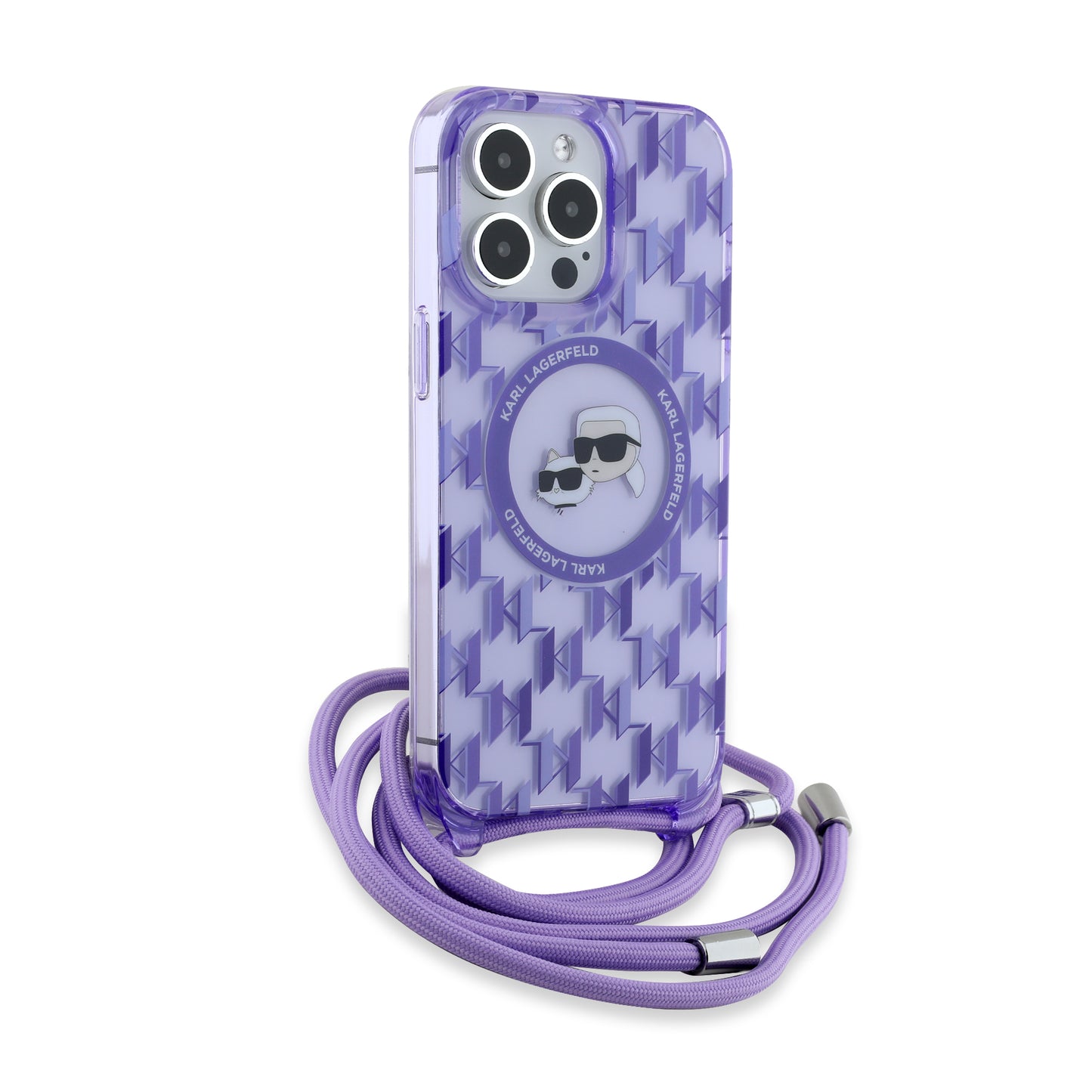 MagSafe-kotelo Apple iPhone 15 Prolle, Karl Lagerfeld, IML Crossbody Monogram Karl & Choupette's Heads, Violetti