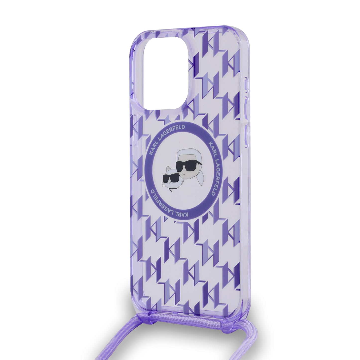 MagSafe-kotelo Apple iPhone 15 Prolle, Karl Lagerfeld, IML Crossbody Monogram Karl & Choupette's Heads, Violetti