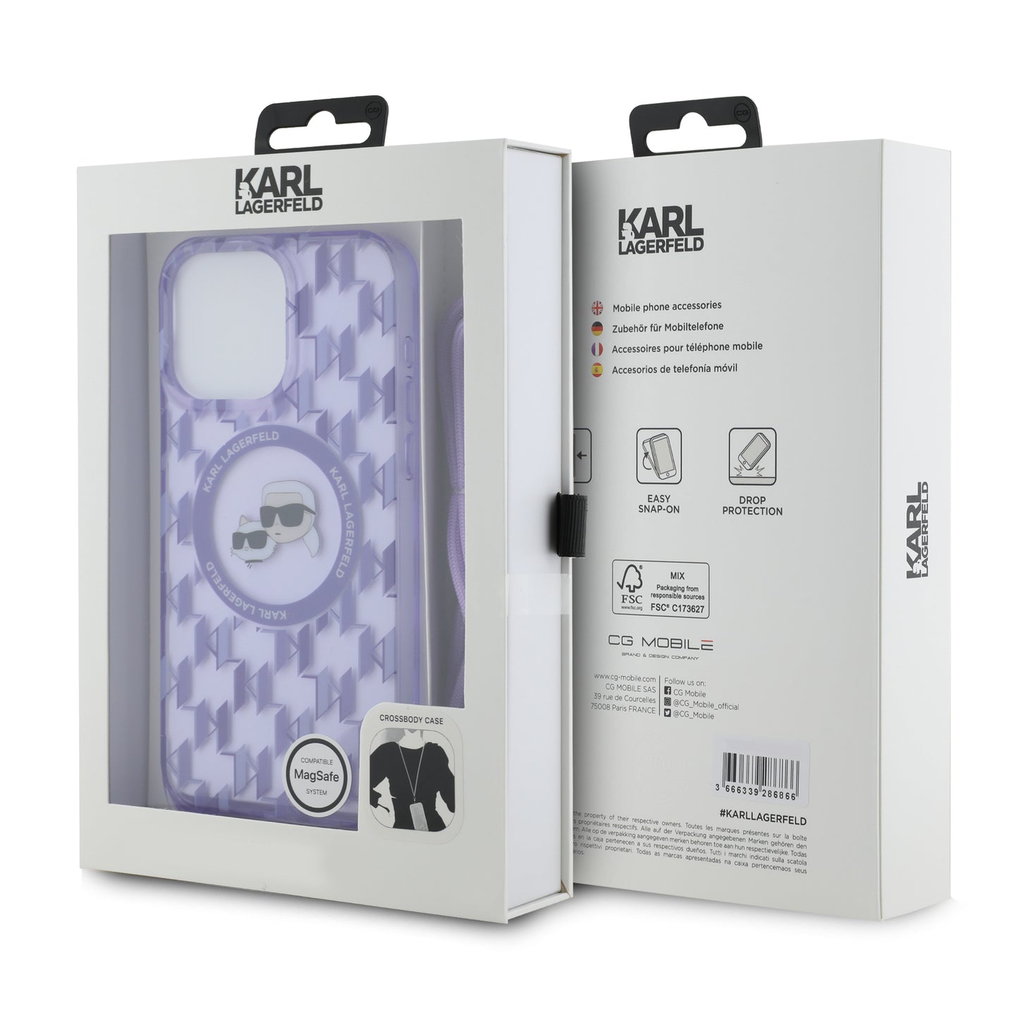 MagSafe-kotelo Apple iPhone 15 Prolle, Karl Lagerfeld, IML Crossbody Monogram Karl & Choupette's Heads, Violetti
