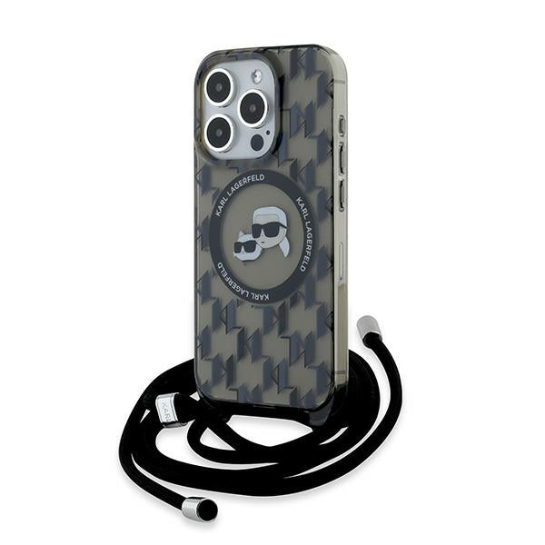 MagSafe-kotelo Apple iPhone 15 Prolle, Karl Lagerfeld, IML Crossbody Monogram Karl & Choupette's Heads, Musta