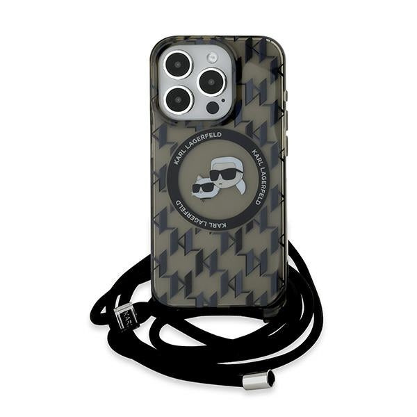 MagSafe-kotelo Apple iPhone 15 Prolle, Karl Lagerfeld, IML Crossbody Monogram Karl & Choupette's Heads, Musta