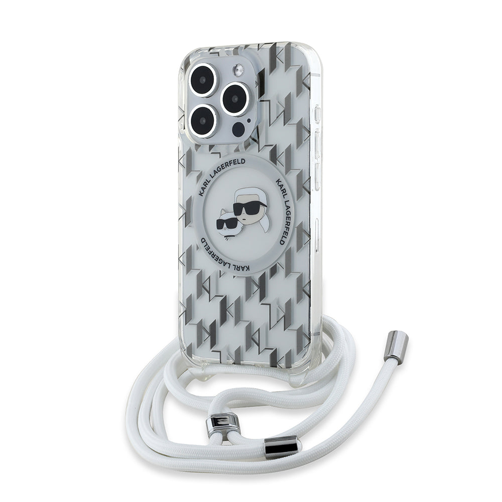 MagSafe-kotelo Apple iPhone 15 Prolle, Karl Lagerfeld, IML Crossbody Monogram Karl & Choupette's Heads, Läpinäkyvä