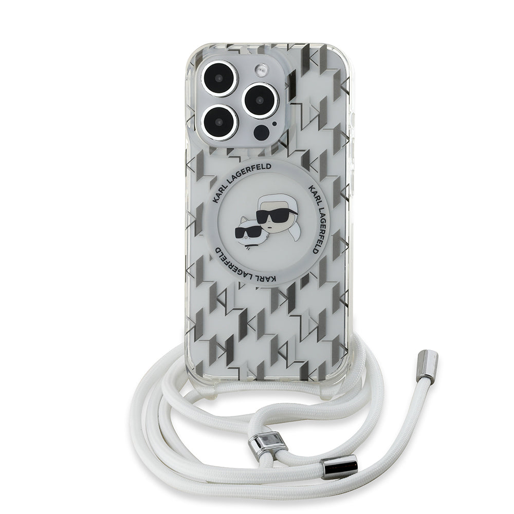 MagSafe-kotelo Apple iPhone 15 Prolle, Karl Lagerfeld, IML Crossbody Monogram Karl & Choupette's Heads, Läpinäkyvä
