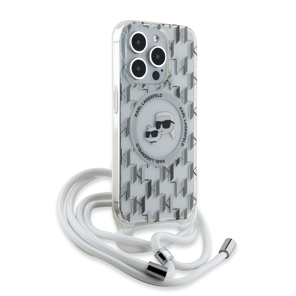 MagSafe-kotelo Apple iPhone 15 Prolle, Karl Lagerfeld, IML Crossbody Monogram Karl & Choupette's Heads, Läpinäkyvä