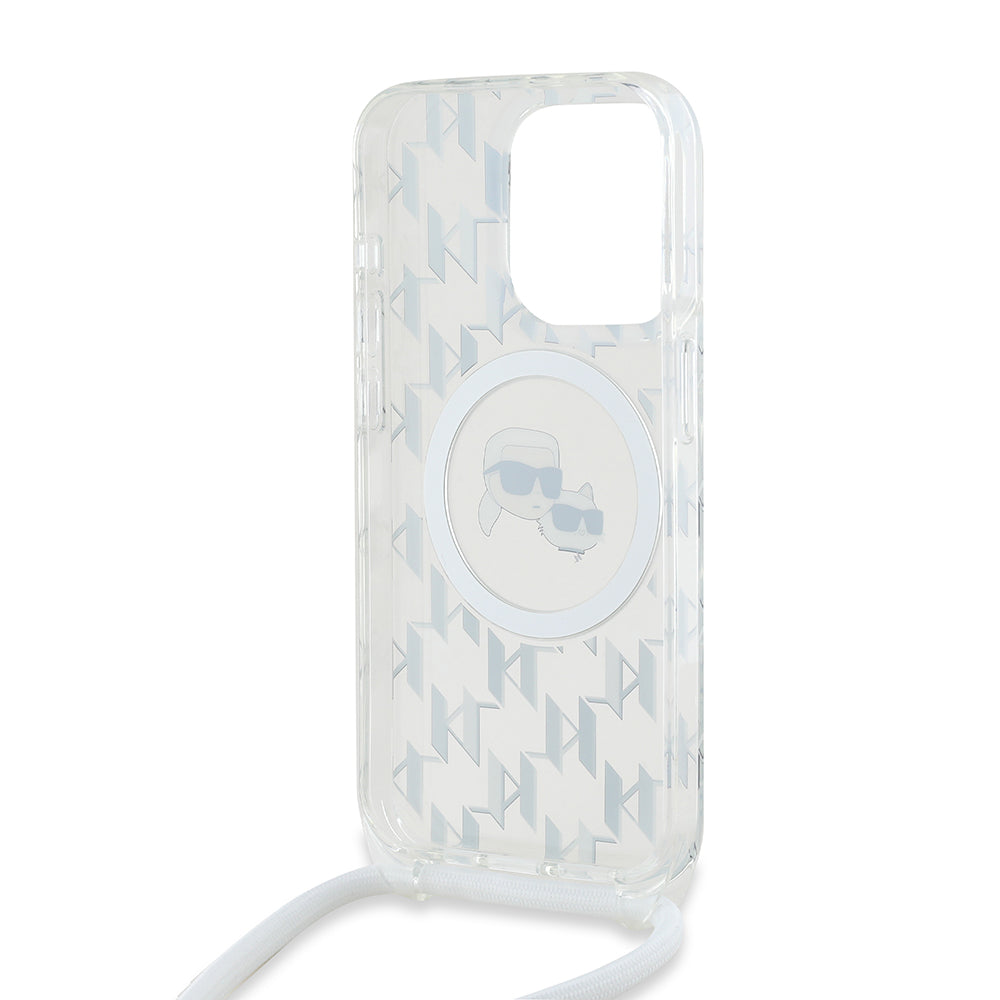 MagSafe-kotelo Apple iPhone 15 Prolle, Karl Lagerfeld, IML Crossbody Monogram Karl & Choupette's Heads, Läpinäkyvä