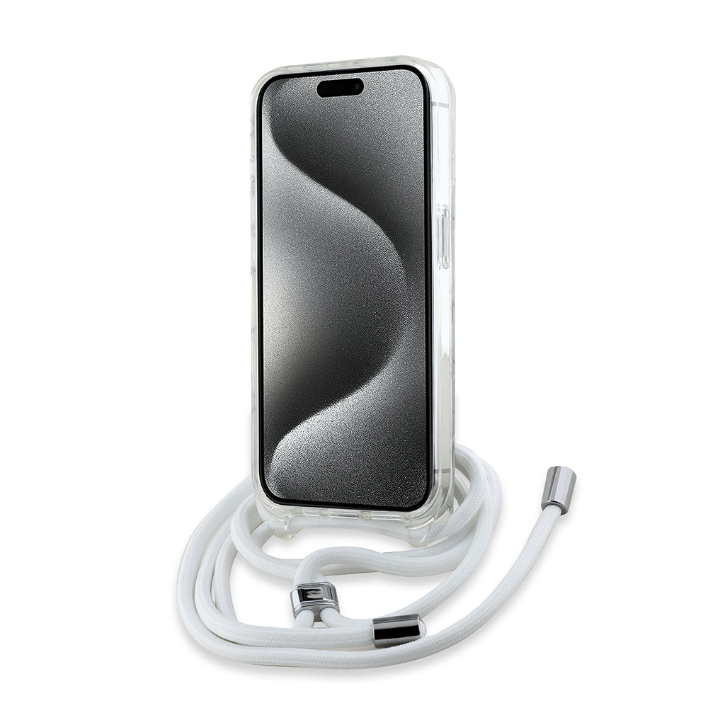 MagSafe-kotelo Apple iPhone 15 Prolle, Karl Lagerfeld, IML Crossbody Monogram Karl & Choupette's Heads, Läpinäkyvä