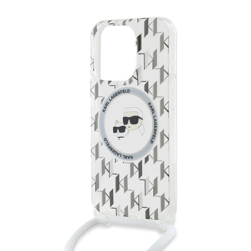 MagSafe-kotelo Apple iPhone 15 Prolle, Karl Lagerfeld, IML Crossbody Monogram Karl & Choupette's Heads, Läpinäkyvä