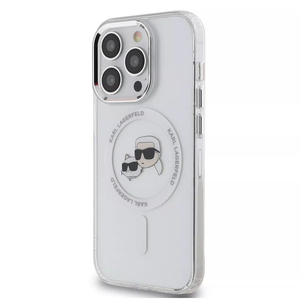 MagSafe-kotelo Apple iPhone 15 Prolle, Karl Lagerfeld, IML Metal Karl & Choupette's Heads, Valkoinen