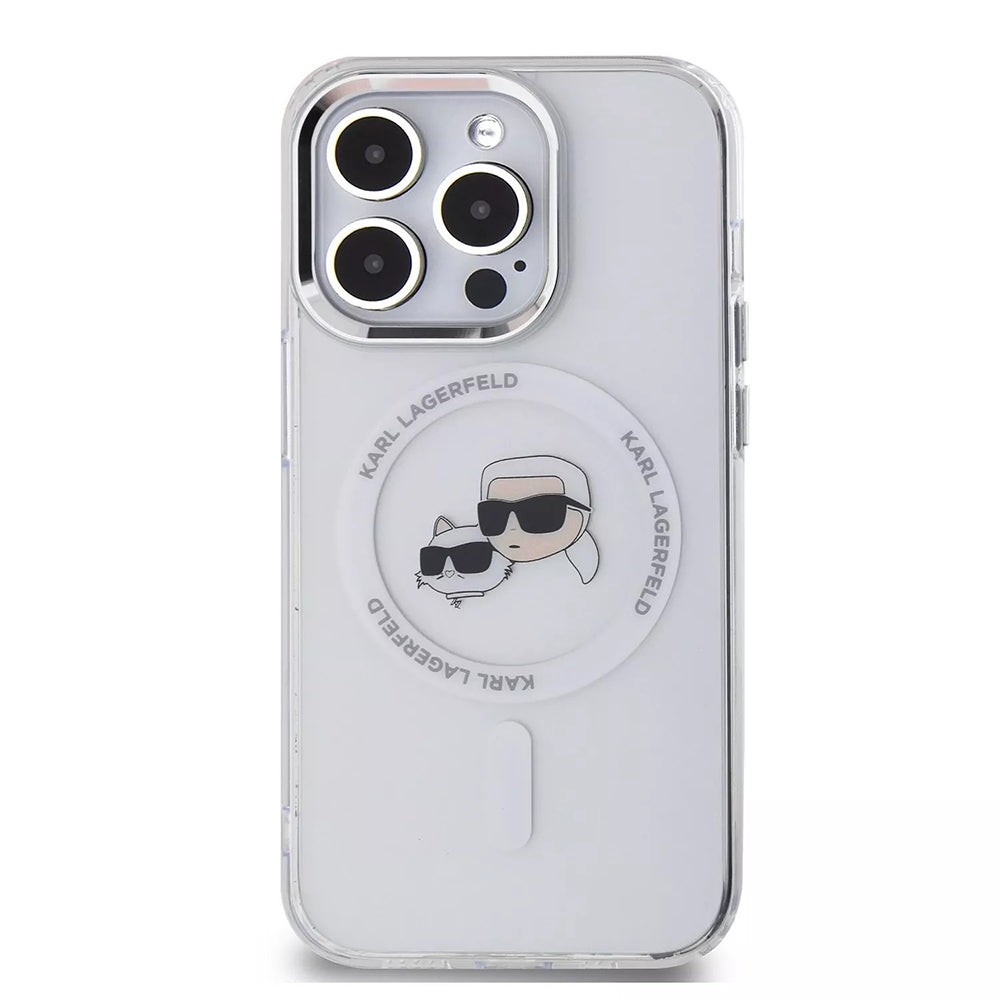 MagSafe-kotelo Apple iPhone 15 Prolle, Karl Lagerfeld, IML Metal Karl & Choupette's Heads, Valkoinen