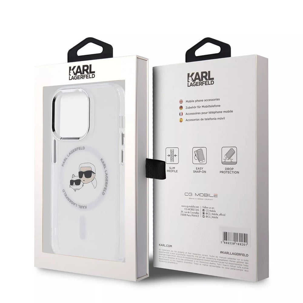 MagSafe-kotelo Apple iPhone 15 Prolle, Karl Lagerfeld, IML Metal Karl & Choupette's Heads, Valkoinen