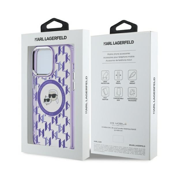MagSafe-kotelo Apple iPhone 15 Prolle, Karl Lagerfeld, IML Monogram Karl & Choupette's Heads, Violetti