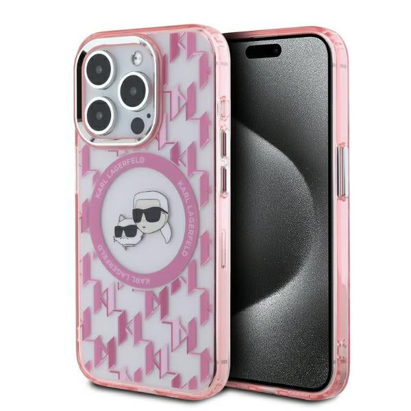 MagSafe-kotelo Apple iPhone 15 Prolle, Karl Lagerfeld, IML Monogram Karl & Choupette's Heads, Pinkki