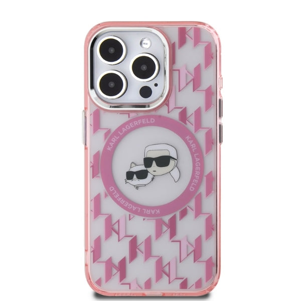 MagSafe-kotelo Apple iPhone 15 Prolle, Karl Lagerfeld, IML Monogram Karl & Choupette's Heads, Pinkki