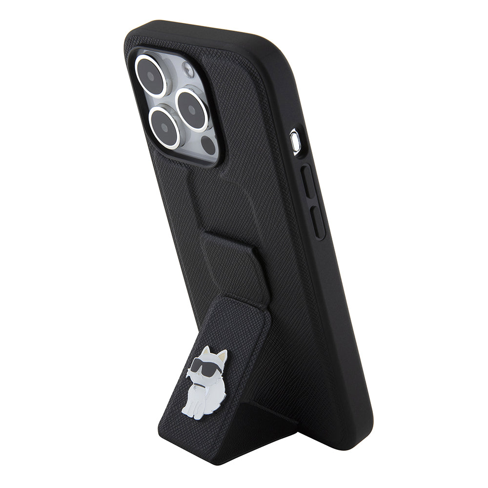 MagSafe Case for Apple iPhone 15 Pro, Karl Lagerfeld, Saffiano Gripstand Choupette, Black