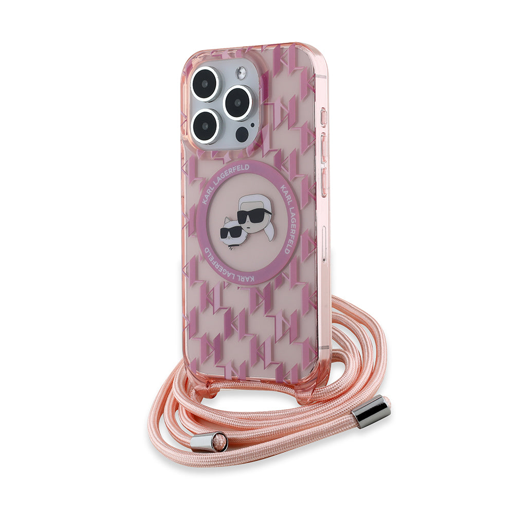 MagSafe-kotelo Apple iPhone 15 Pro Maxille, Karl Lagerfeld, IML Crossbody Monogram Karl & Choupette's Heads, Pinkki