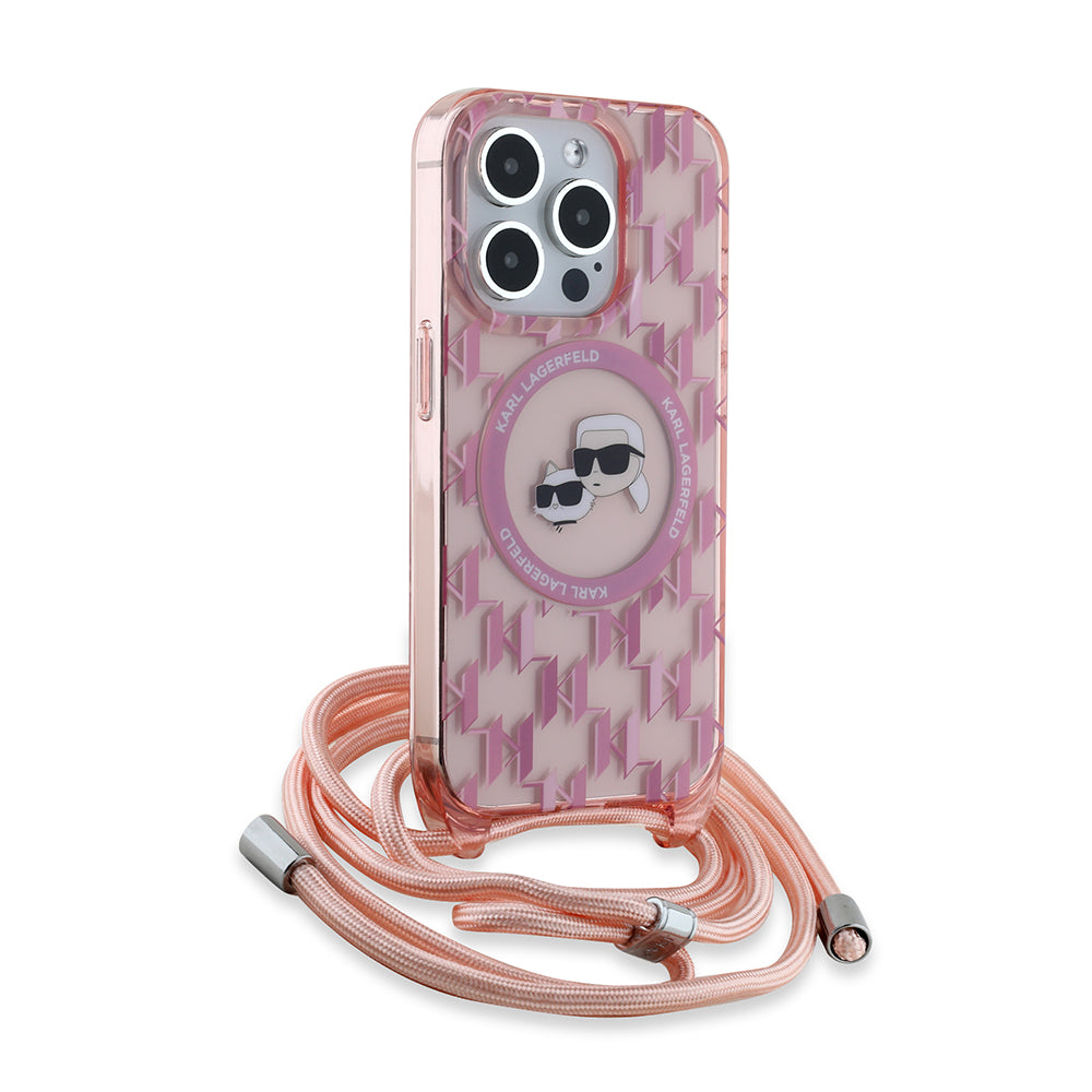 MagSafe-kotelo Apple iPhone 15 Pro Maxille, Karl Lagerfeld, IML Crossbody Monogram Karl & Choupette's Heads, Pinkki