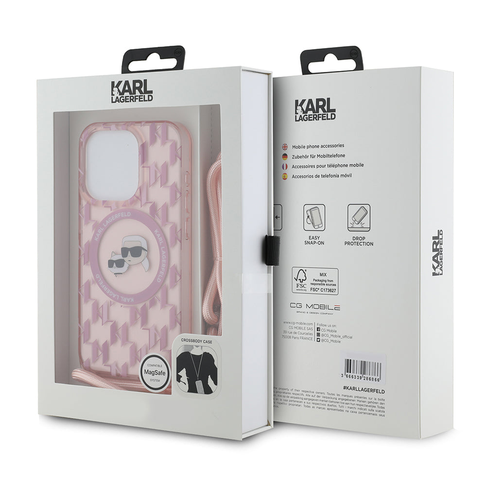 MagSafe-kotelo Apple iPhone 15 Pro Maxille, Karl Lagerfeld, IML Crossbody Monogram Karl & Choupette's Heads, Pinkki