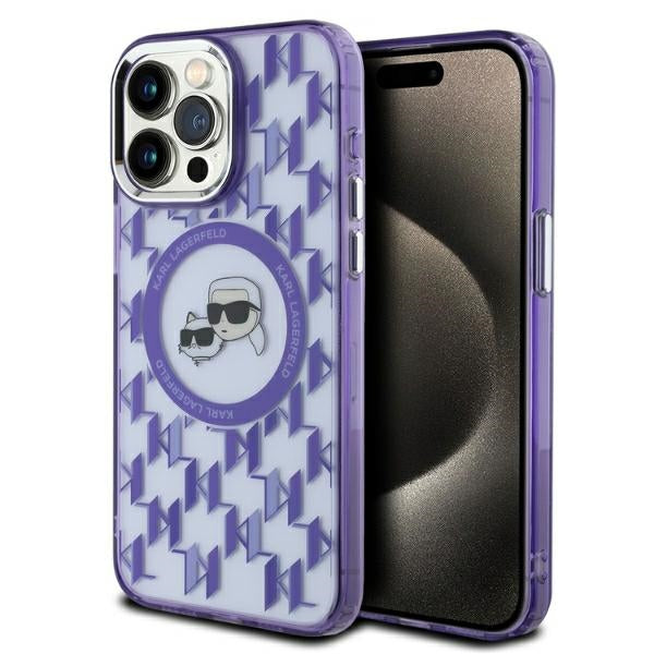 MagSafe-kotelo Apple iPhone 15 Pro Maxille, Karl Lagerfeld, IML Monogram Karl & Choupette's Heads, Violetti